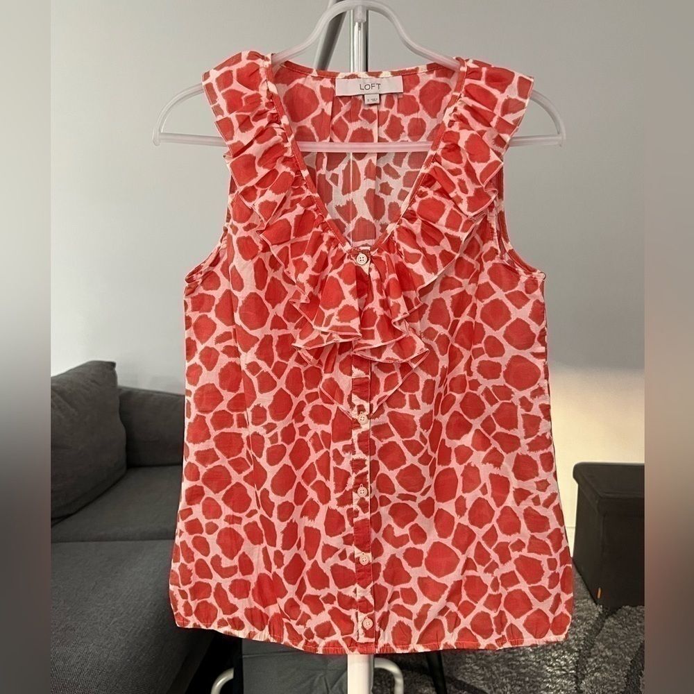 LOFT Ruffle Neck Animal Print Top Size S